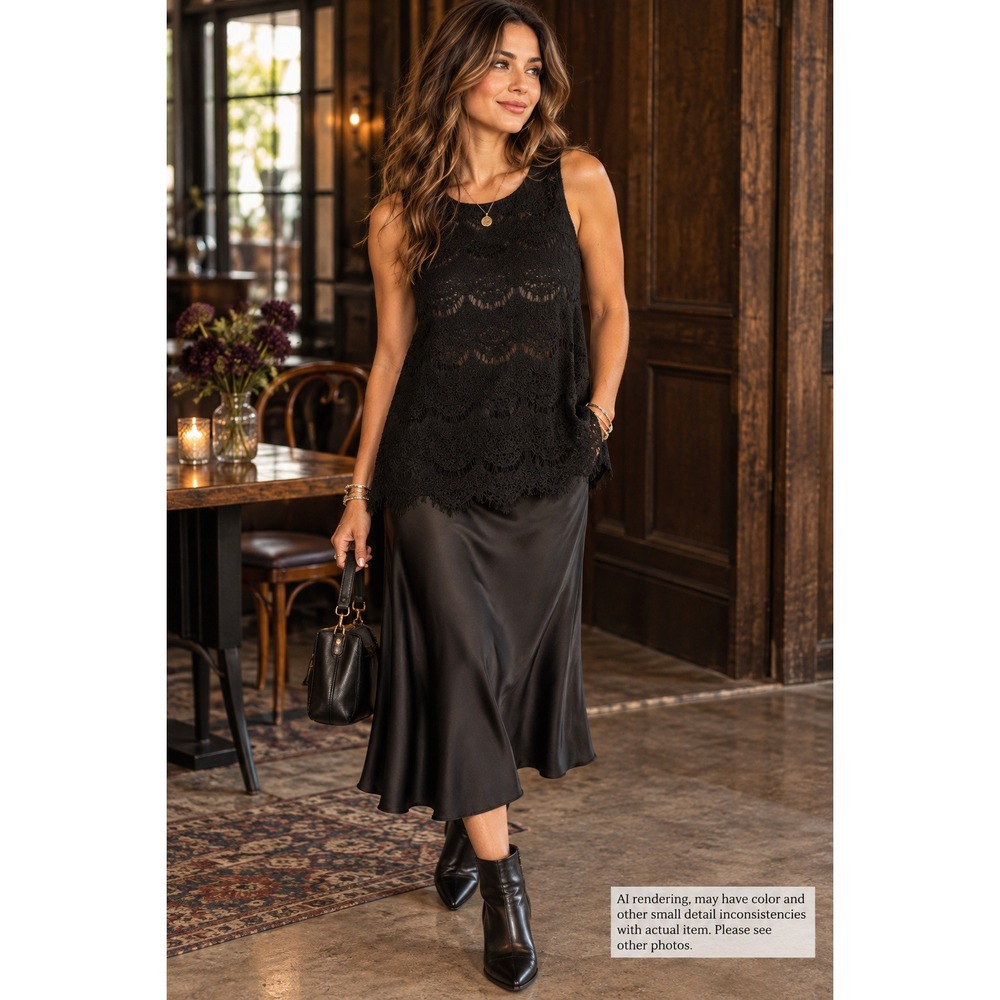 Lynn Ryan Black Lace Sleeveless Top Size M Scalloped Hem Romantic Goth BCT138